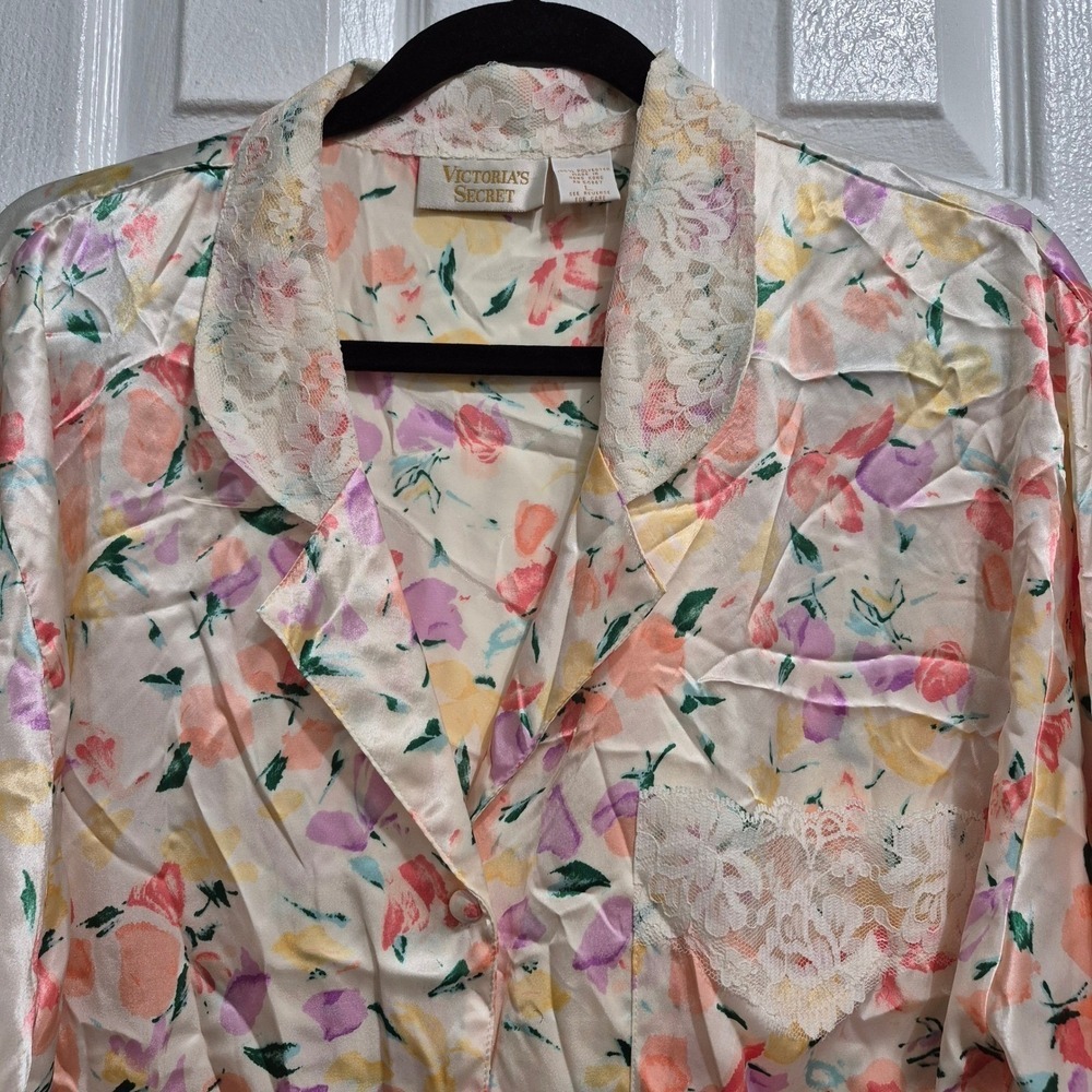 Vtg Victorias Secret Floral Pajama Set Top Pants Long Sleeve Lace Trim L - Picture 5 of 14